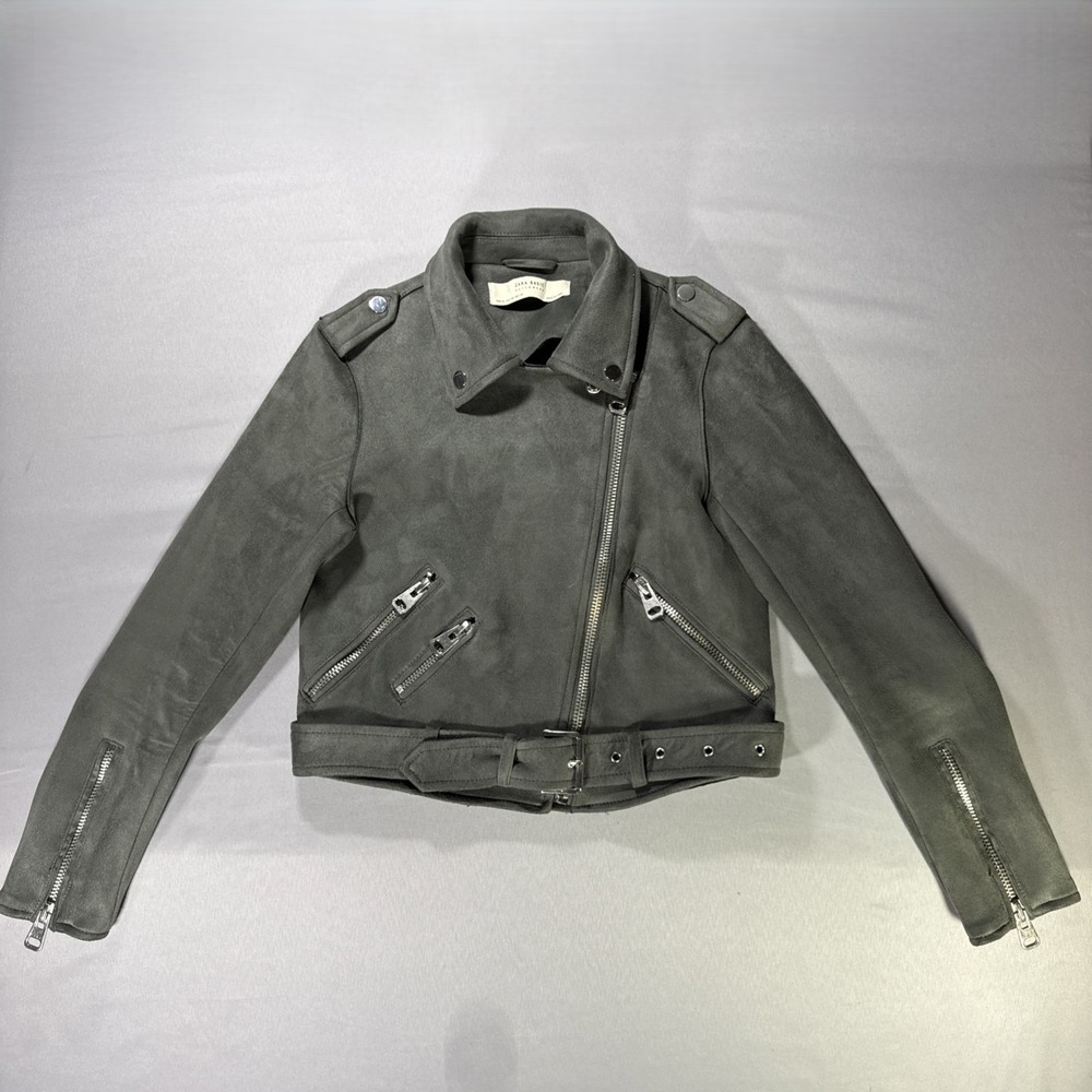 Zara Women XS Faux Suede Moto Biker Jacket Cropped Charcoal Grey Olive Belted